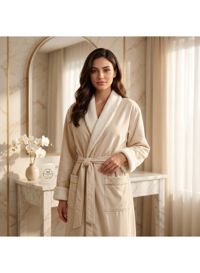 TM HOME Original TM Home Products - Royal VIP Unisex Bathrobe - Beige - Ultra Absorbent Microfiber Inner with Natural Satin Cotton Outer - Luxury Hotel Style Robe - Image 3