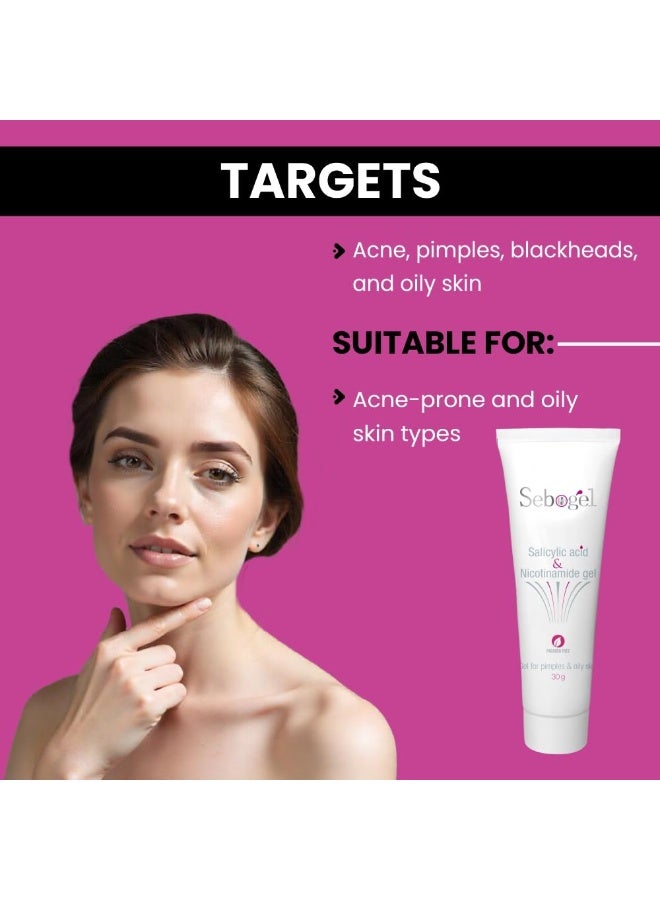 Ethiglo Sebogel Salicylic Acid & Nicotinamide Gel for Pimples and Oily Skin  30gm (Pack of 04) - Image 2