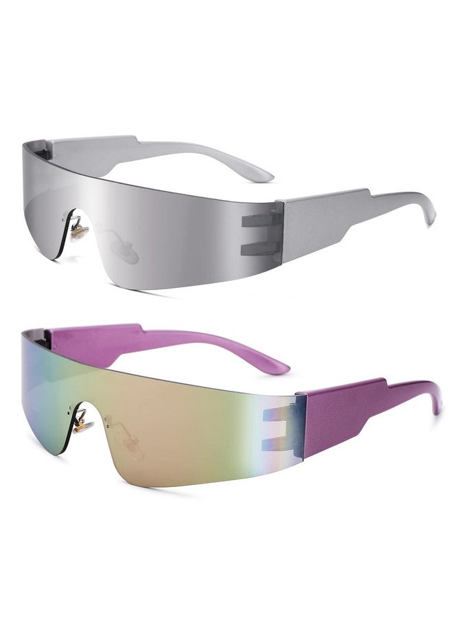 COASION - Wrap Around Sunglasses For Women Men Trendy Rimless Futuristic Shades Y2K Shield Flat Top Fashion Eyeglasses (Silversilver Mirrored + Purplepink Mirrored) - Image 1