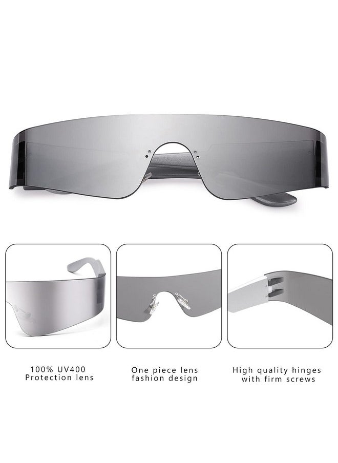 COASION - Wrap Around Sunglasses For Women Men Trendy Rimless Futuristic Shades Y2K Shield Flat Top Fashion Eyeglasses (Silversilver Mirrored + Purplepink Mirrored) - Image 1
