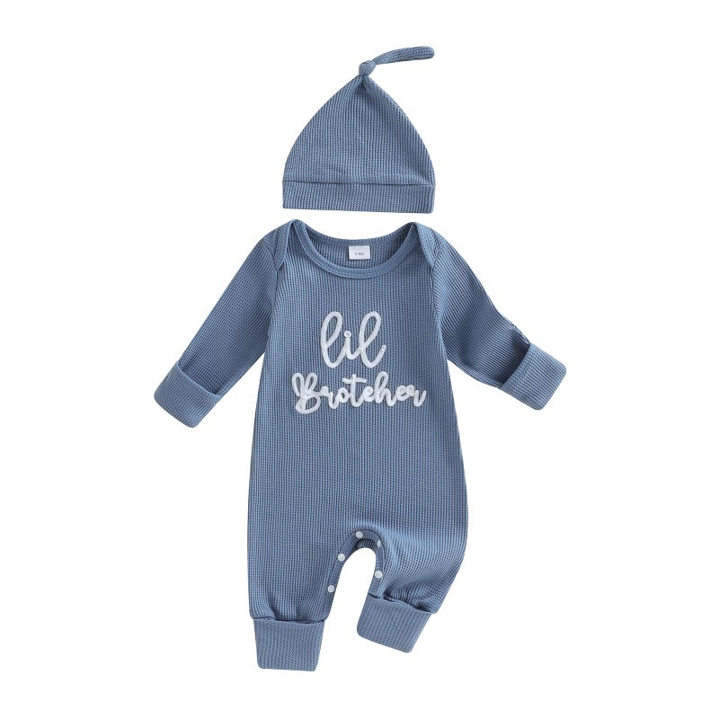 allshope Newborn Baby Boy Fall Outfit Romper Lil Bro Little Brother Long Sleeve Crew Neck Jumpsuit Bodysuit Infant Clothes (Lil Brother Waffle Blue, Newborn) - Image 1