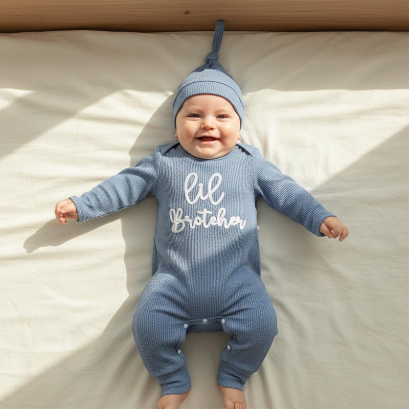 allshope Newborn Baby Boy Fall Outfit Romper Lil Bro Little Brother Long Sleeve Crew Neck Jumpsuit Bodysuit Infant Clothes (Lil Brother Waffle Blue, Newborn) - Image 4