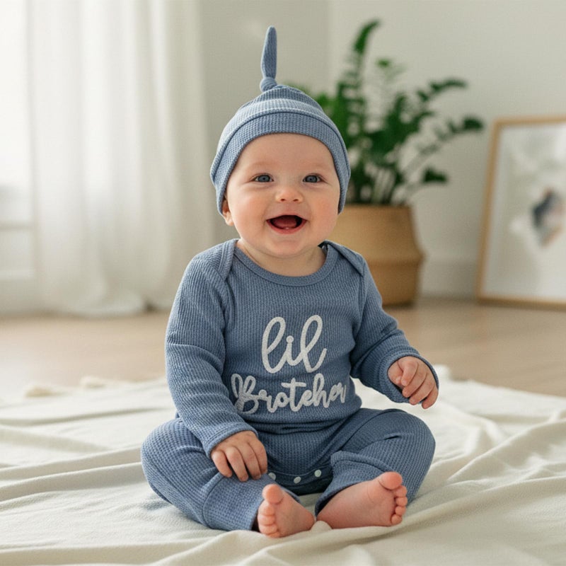 allshope Newborn Baby Boy Fall Outfit Romper Lil Bro Little Brother Long Sleeve Crew Neck Jumpsuit Bodysuit Infant Clothes (Lil Brother Waffle Blue, Newborn) - Image 5