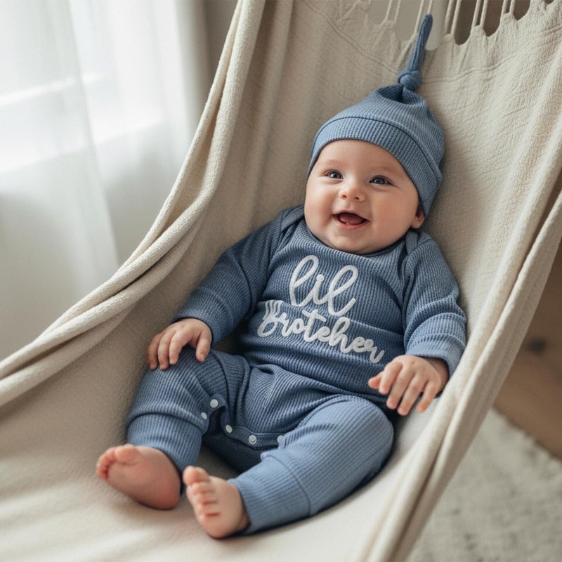 allshope Newborn Baby Boy Fall Outfit Romper Lil Bro Little Brother Long Sleeve Crew Neck Jumpsuit Bodysuit Infant Clothes (Lil Brother Waffle Blue, Newborn) - Image 2