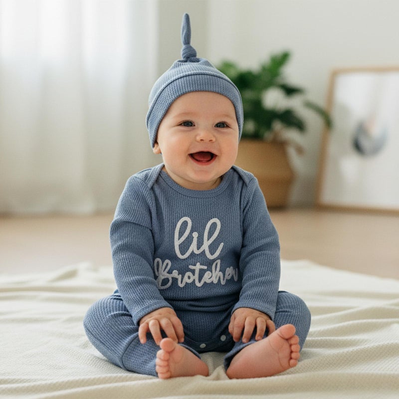 allshope Newborn Baby Boy Fall Outfit Romper Lil Bro Little Brother Long Sleeve Crew Neck Jumpsuit Bodysuit Infant Clothes (Lil Brother Waffle Blue, Newborn) - Image 3