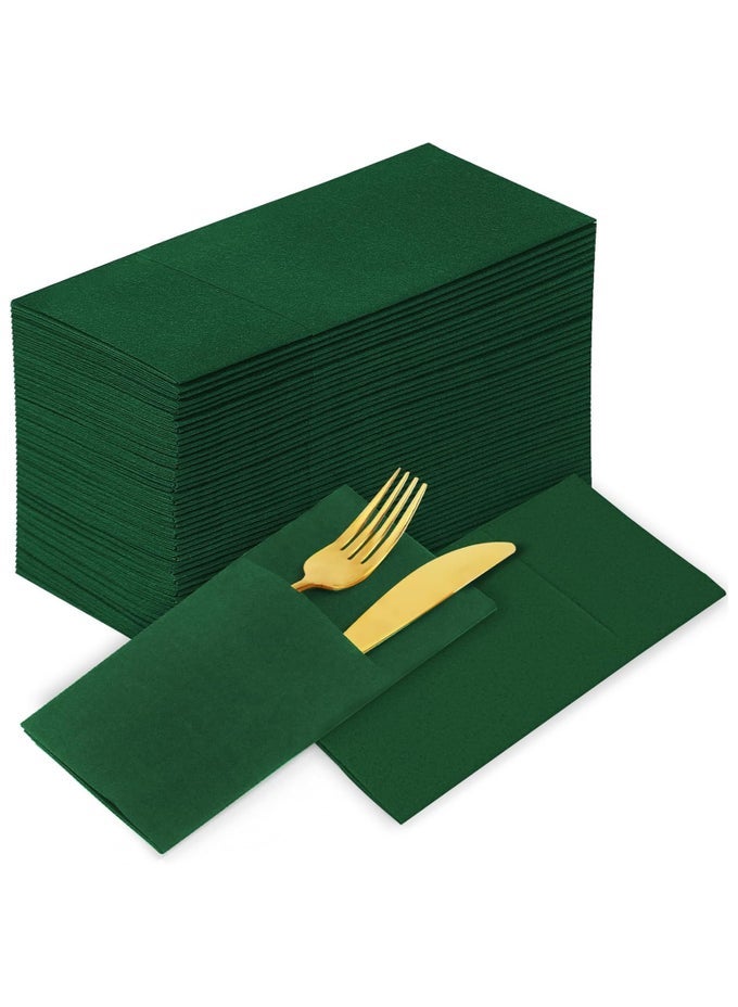 25 PACK DISPOSABLE CLOTH POCKET DINNER NAPKINS, FOLDED GUEST HAND TOWELS FOR PARTIES, WEDDINGS, RESTAURANTS & BATHROOMS (GREEN, 40 X 40 CM)