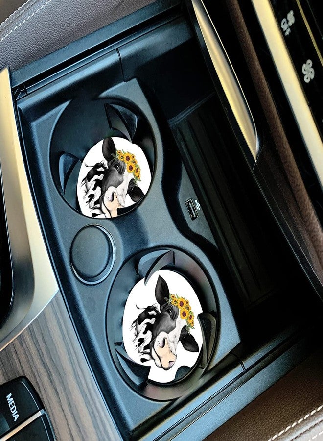 لوح هوج قواعد أكواب للسيارة للنساء، هدية مثالية لعيد الأم، عبوة من قطعتين، زينة عيد الفصح، قاعدة أكواب سيراميك ماصة بتصميم بقرة لطيفة، مقاس 2.56 بوصة، تحافظ على نظافة وجفاف حاملات الأكواب، سهلة الإزالة (بقرة لطيفة وزهرة عباد الشمس). - Image 2
