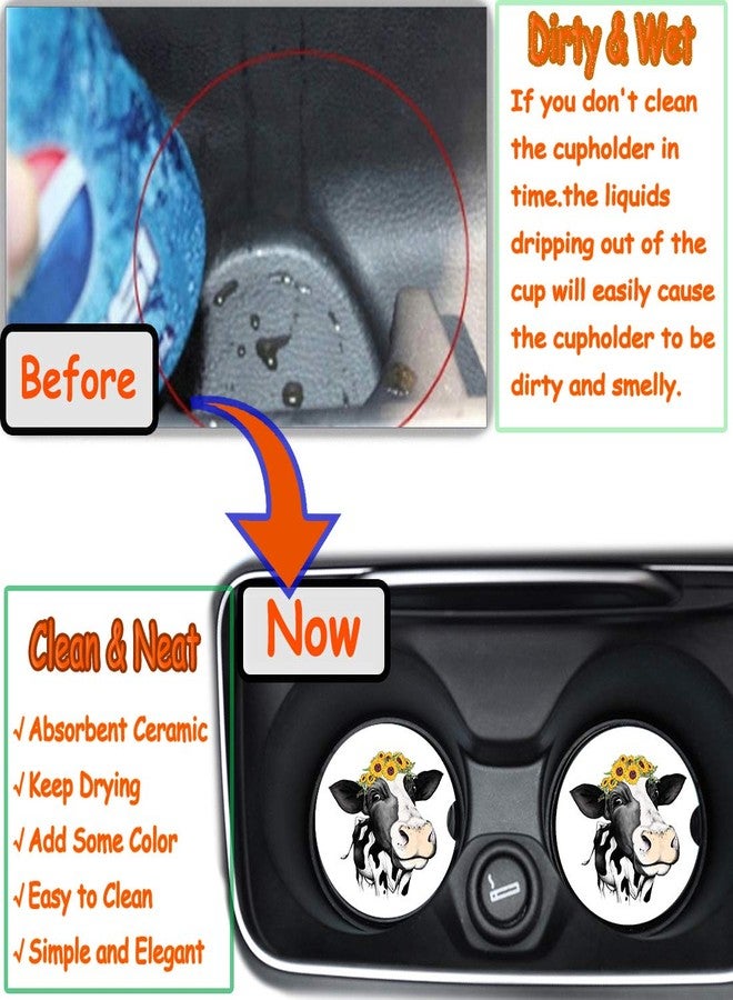 لوح هوج قواعد أكواب للسيارة للنساء، هدية مثالية لعيد الأم، عبوة من قطعتين، زينة عيد الفصح، قاعدة أكواب سيراميك ماصة بتصميم بقرة لطيفة، مقاس 2.56 بوصة، تحافظ على نظافة وجفاف حاملات الأكواب، سهلة الإزالة (بقرة لطيفة وزهرة عباد الشمس). - Image 4