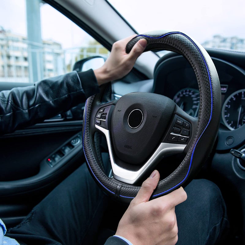 Rueesh Microfiber Leather Steering Wheel Cover Anti-Slip Matte Finish Auto Car Wheel Cover Universal 15 Inch Wheel Cover For Car Embossing Pattern Blue Line - Image 4