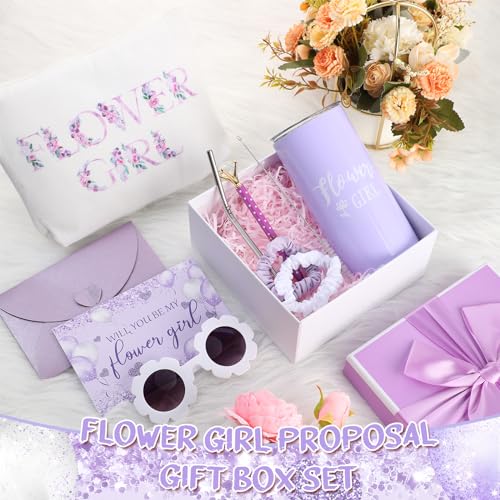 Sieral 9 Pcs Flower Girl Proposal Gifts Set Personalized Flower Girl Tumbler with Straw Bride Gift Box Canvas Bag Sunglasses Hair Ring Diamond Pen Envelope for Wedding(Purple,Retro) - Image 4