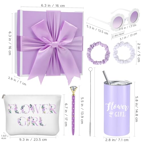 Sieral 9 Pcs Flower Girl Proposal Gifts Set Personalized Flower Girl Tumbler with Straw Bride Gift Box Canvas Bag Sunglasses Hair Ring Diamond Pen Envelope for Wedding(Purple,Retro) - Image 2