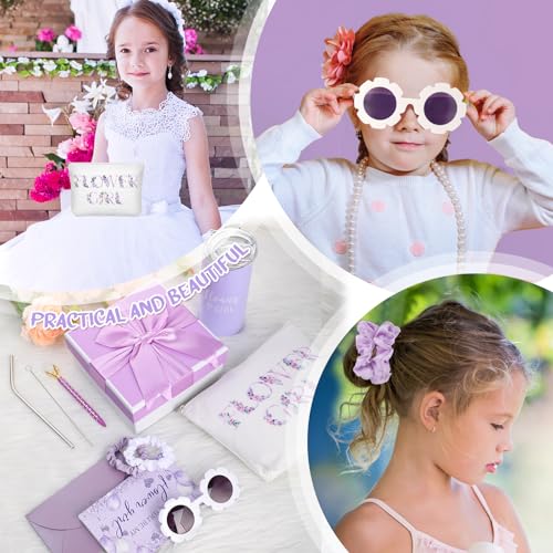 Sieral 9 Pcs Flower Girl Proposal Gifts Set Personalized Flower Girl Tumbler with Straw Bride Gift Box Canvas Bag Sunglasses Hair Ring Diamond Pen Envelope for Wedding(Purple,Retro) - Image 5
