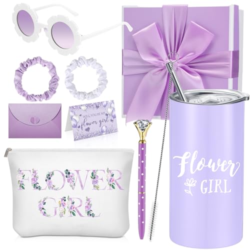 Sieral 9 Pcs Flower Girl Proposal Gifts Set Personalized Flower Girl Tumbler with Straw Bride Gift Box Canvas Bag Sunglasses Hair Ring Diamond Pen Envelope for Wedding(Purple,Retro) - Image 1