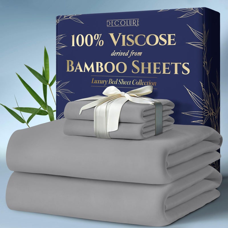 DECOLURE 100 Viscose Derived from Bamboo Sheets Queen Size 4pcs  Ultra Soft  Luxuriously Cooling 17 Deep Pocket Double Stitching Perfect for Hot Sleepers  Queen Bed Sheets Midgrey