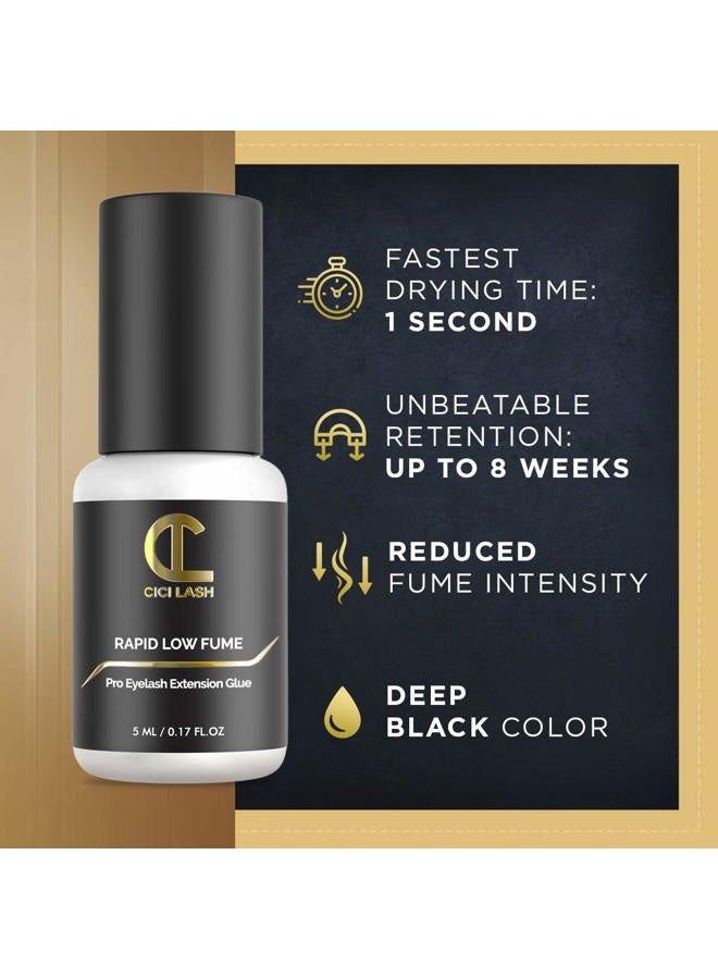 CICI Lash Rapid Low Fume Eyelash Extension Glue for Professionals - Maximum 8 Week Retention / 1 Second Drying Time Semi Permanent Individual/Volume Lash Extension Glue with Deep Black Color - Latex Free 5ml - Image 2