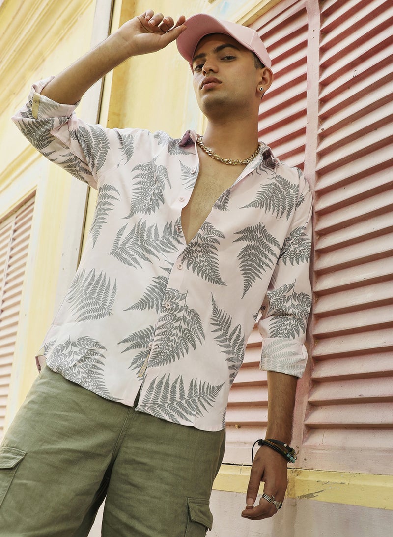 Campus Sutra Campus Sutra Men's Light Pink & Dark Grey Contrast Fern Shirt For Casual Wear | Spread Collar | Long Sleeve | Button Closure | Heavy Rayon Shirts Crafted With Comfort Fit For Everyday Wear  - Image 1