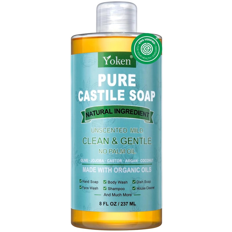 Yoken Pure Castile Liquid Soap Organic EWG Verified Unscented 8 OZ Made with Organic Oils No Added Fragrance Vegan Castile Soap Liquid for Face Laundry Dishes Sensitive Skin Travel Soap