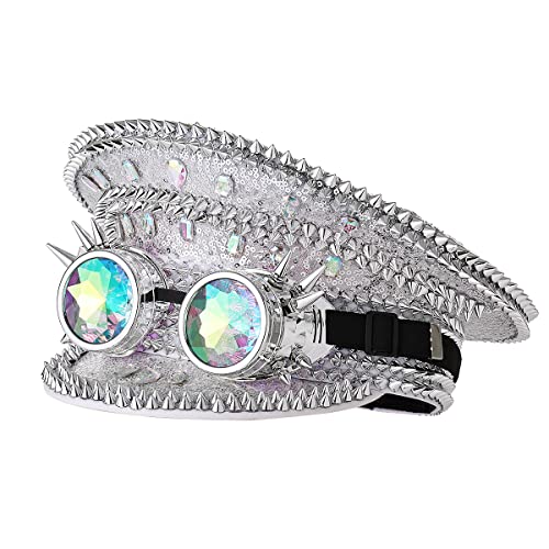 GRACEART Womens Burning Man Sequin Hat Music Festival Military Captain Hats Steampunk Caps with Goggles - Image 1