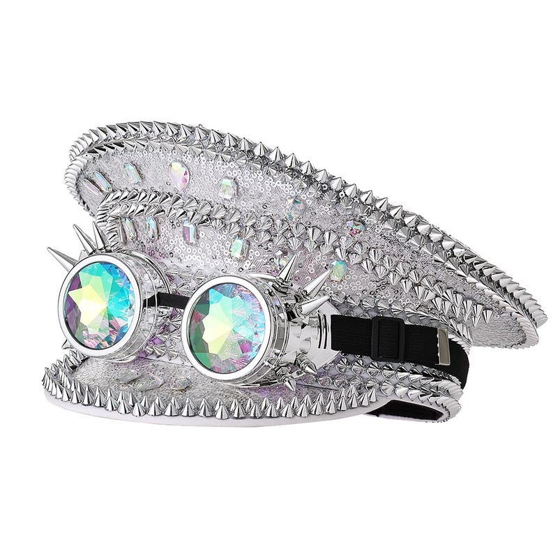 GRACEART Womens Burning Man Sequin Hat Music Festival Military Captain Hats Steampunk Caps with Goggles - Image 2