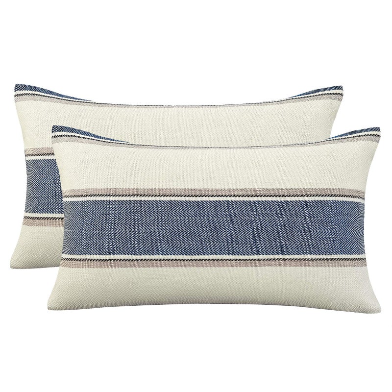 AmHoo Pack of 2 Farmhouse Linen Throw Pillow Cover Cushion Stripe Decoration Buffalo Retro Pillowcase with Hidden Zipper for Sofa Bedroom Car 12 x 20 Inch Blue