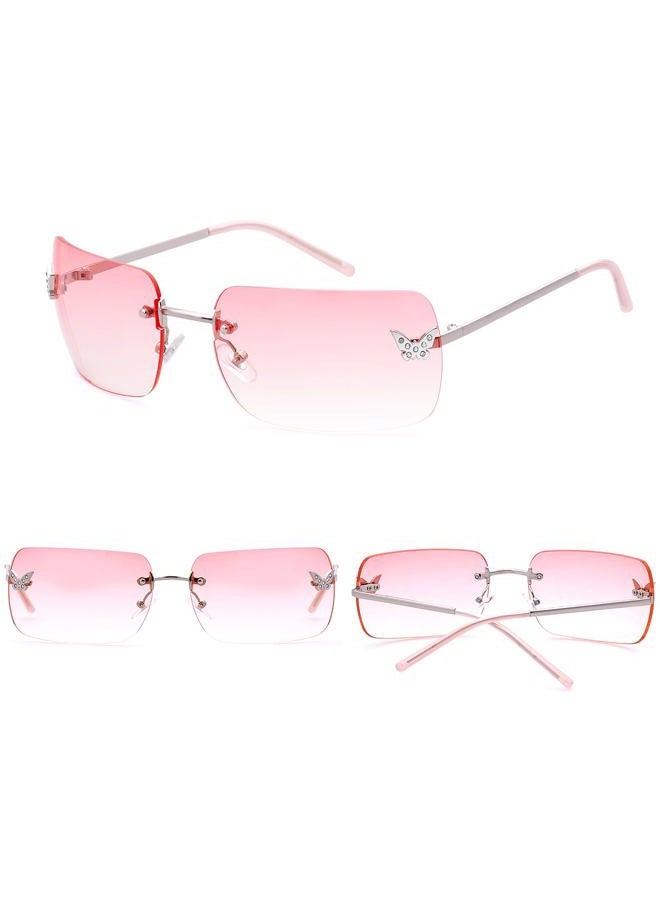 knliwkm Rimless Rectangle Y2k Sunglasses for Women Men Cute Small Frameless Pink Tinted Lens 2000S Fashion Shades with Butterfly - Image 5