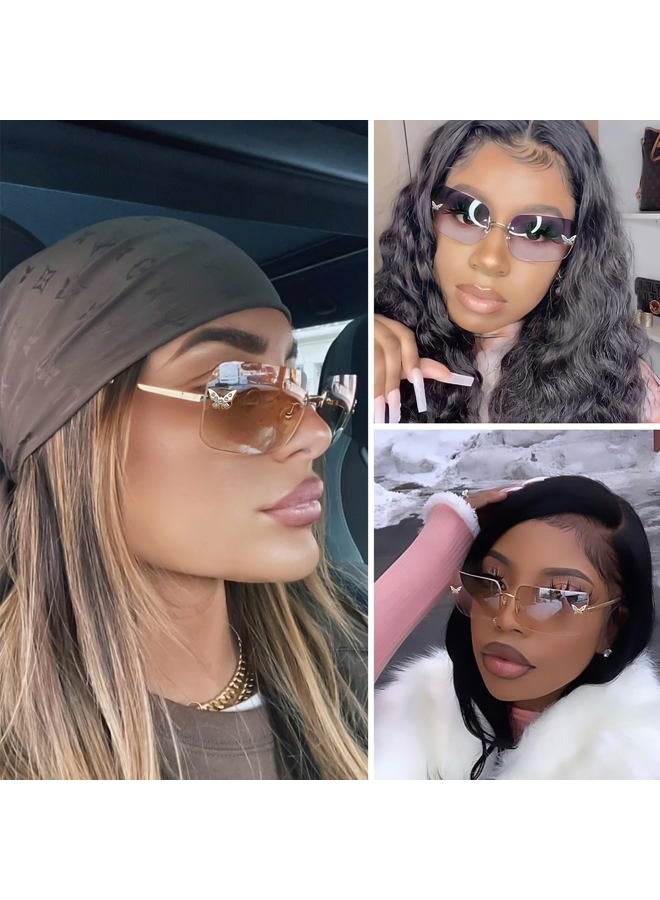 knliwkm Rimless Rectangle Y2k Sunglasses for Women Men Cute Small Frameless Pink Tinted Lens 2000S Fashion Shades with Butterfly - Image 4