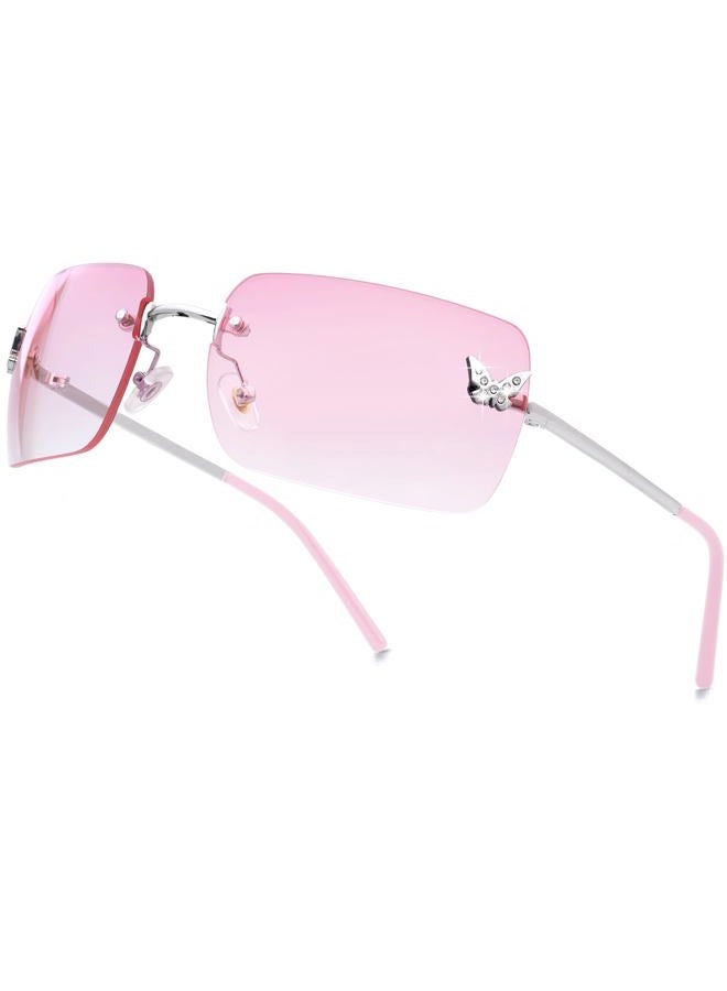knliwkm Rimless Rectangle Y2k Sunglasses for Women Men Cute Small Frameless Pink Tinted Lens 2000S Fashion Shades with Butterfly - Image 1