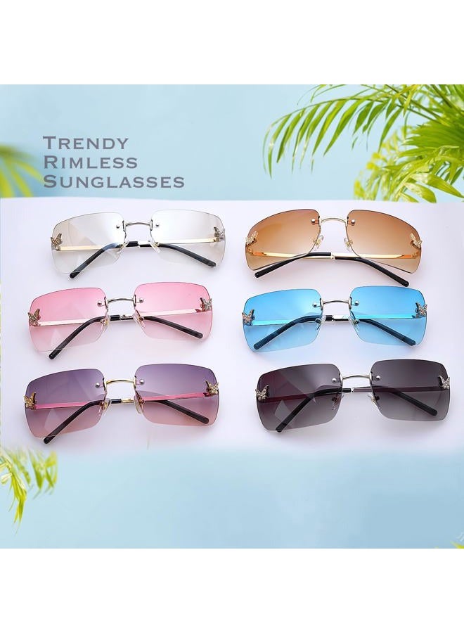 knliwkm Rimless Rectangle Y2k Sunglasses for Women Men Cute Small Frameless Pink Tinted Lens 2000S Fashion Shades with Butterfly - Image 2