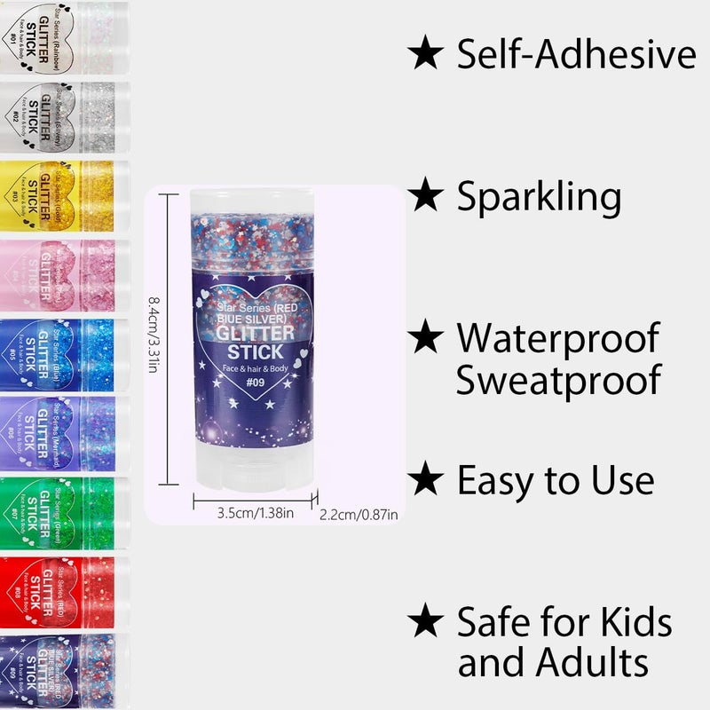 Mysense Patriotic Red White and Blue Body Glitter Stick,4th of July Accessories,Sparkling Face Hair Glitter for Fourth of July Outfit Women Kids,American Pride USA Flag Makeup for Independence Day - Image 3