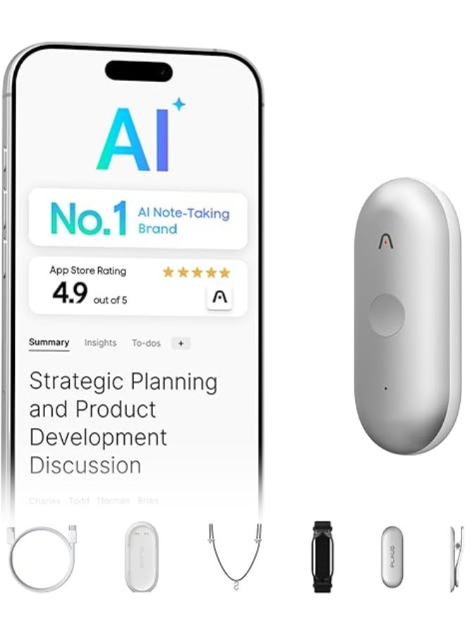 Plaud NotePin S AI Voice Recorder-Silver Wearable AI Notetaker, AI Transcribe & Summarize, Support 112 Languages, 64GB Memory, Audio Recorder for Meetings Interviews with 4 Accessories - Image 1