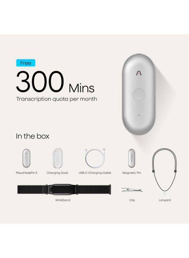 Plaud NotePin S AI Voice Recorder-Silver Wearable AI Notetaker, AI Transcribe & Summarize, Support 112 Languages, 64GB Memory, Audio Recorder for Meetings Interviews with 4 Accessories - Image 5