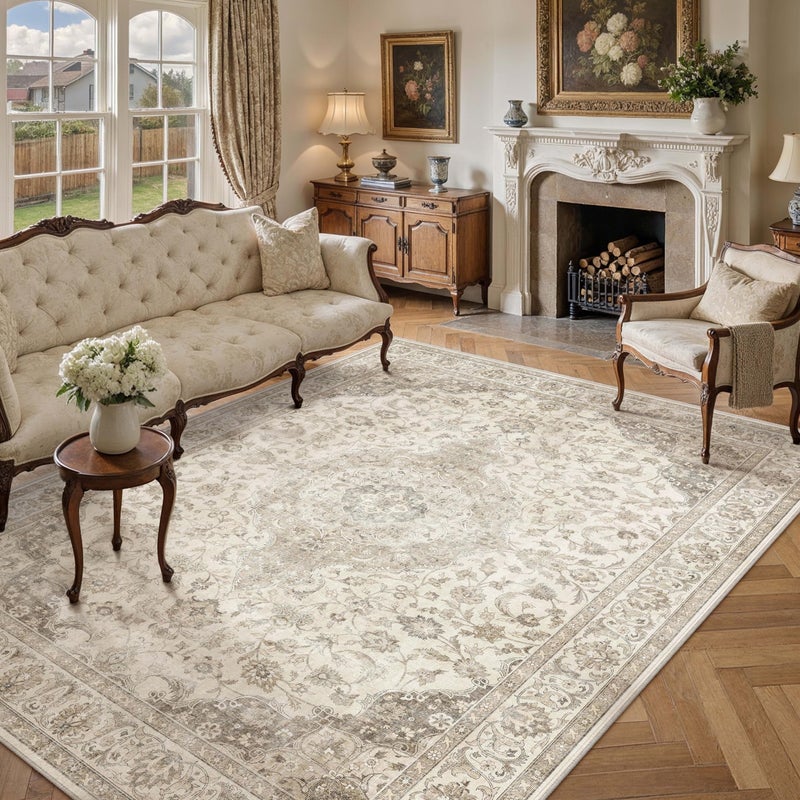 HUGEAR Area Rug 8x10 Vintage Brown Machine Washable Living Room Rugs Thin Neutral Floral Vacuumable Low Pile Carpet Bedroom Office Dining Room Laundry Room Non Slip Soft Lightweight - Image 3