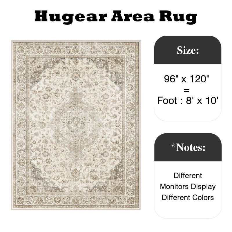 HUGEAR Area Rug 8x10 Vintage Brown Machine Washable Living Room Rugs Thin Neutral Floral Vacuumable Low Pile Carpet Bedroom Office Dining Room Laundry Room Non Slip Soft Lightweight - Image 2