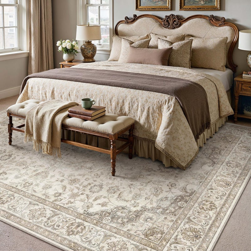 HUGEAR Area Rug 8x10 Vintage Brown Machine Washable Living Room Rugs Thin Neutral Floral Vacuumable Low Pile Carpet Bedroom Office Dining Room Laundry Room Non Slip Soft Lightweight - Image 4