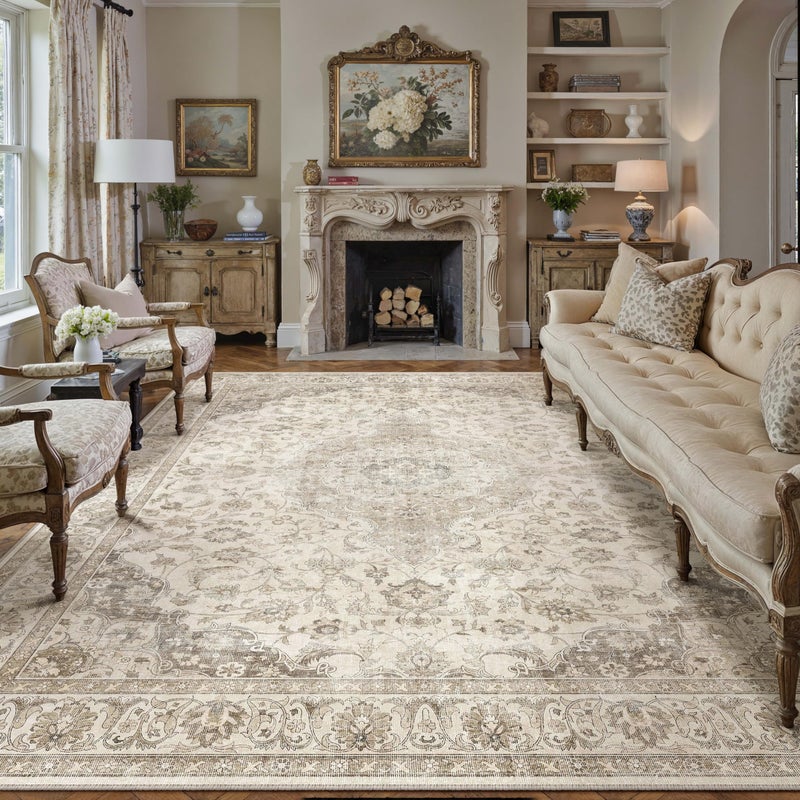 HUGEAR Area Rug 8x10 Vintage Brown Machine Washable Living Room Rugs Thin Neutral Floral Vacuumable Low Pile Carpet Bedroom Office Dining Room Laundry Room Non Slip Soft Lightweight - Image 1