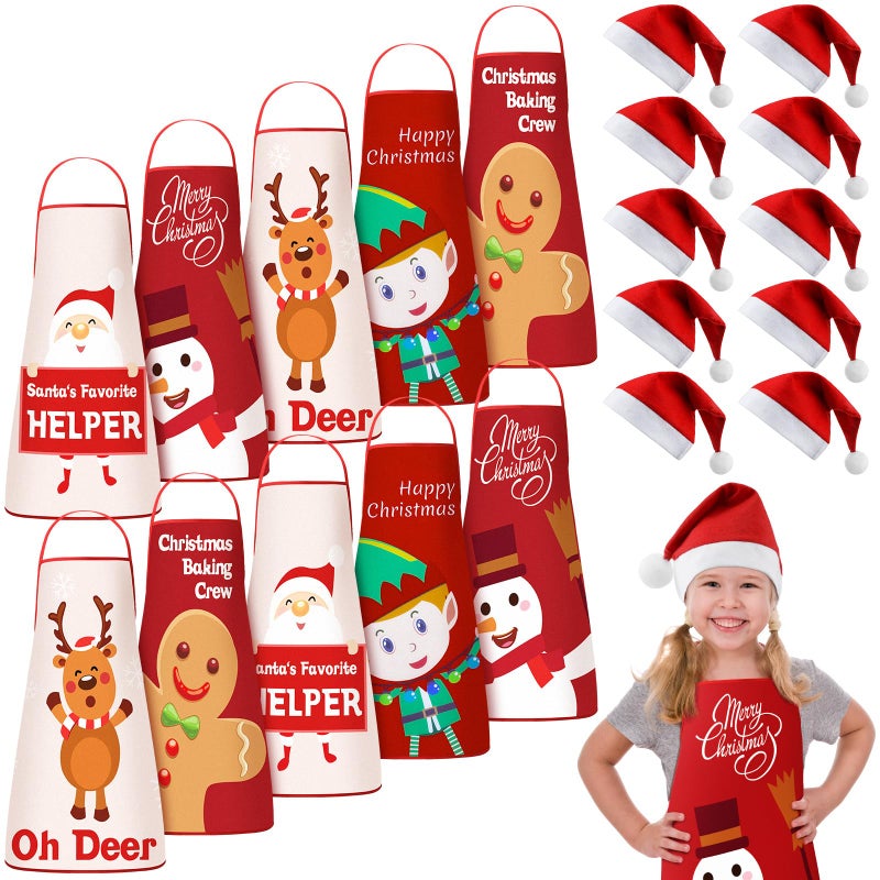 Hercicy 20 Pcs Kids Christmas Apron and Hat Set 10 Adjustable Children Christmas Chef Apron with Snowman Deer Gingerbread 10 Kids Santa Hat for Girl Boy Kitchen Cooking Baking Crafting Painting Party - Image 2