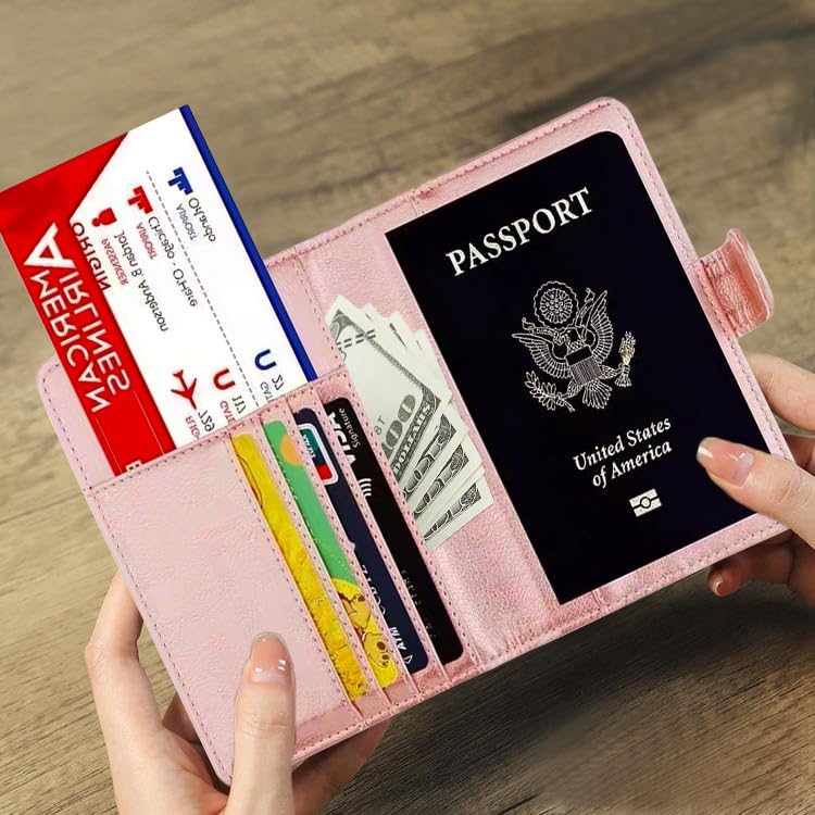 ZYAQUDEC RFID Blocking Passport Holder - PU Leather Travel Wallet for Men Women, Credit Card Slots & Passport Case, Slim Lightweight Organizer for International Travel, (pink) - Image 4