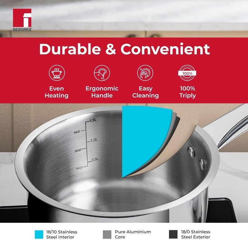 Tripro 16cm (1.7L) Tri-Ply Stainless Steel Saucepan, Heavy-Bottom Healthy Cooking Pot, Milkpan, Teapan, Even Heating, Improved Grip Handles, Easy to Clean, Induction & Gas Stove Compatible - Image 3