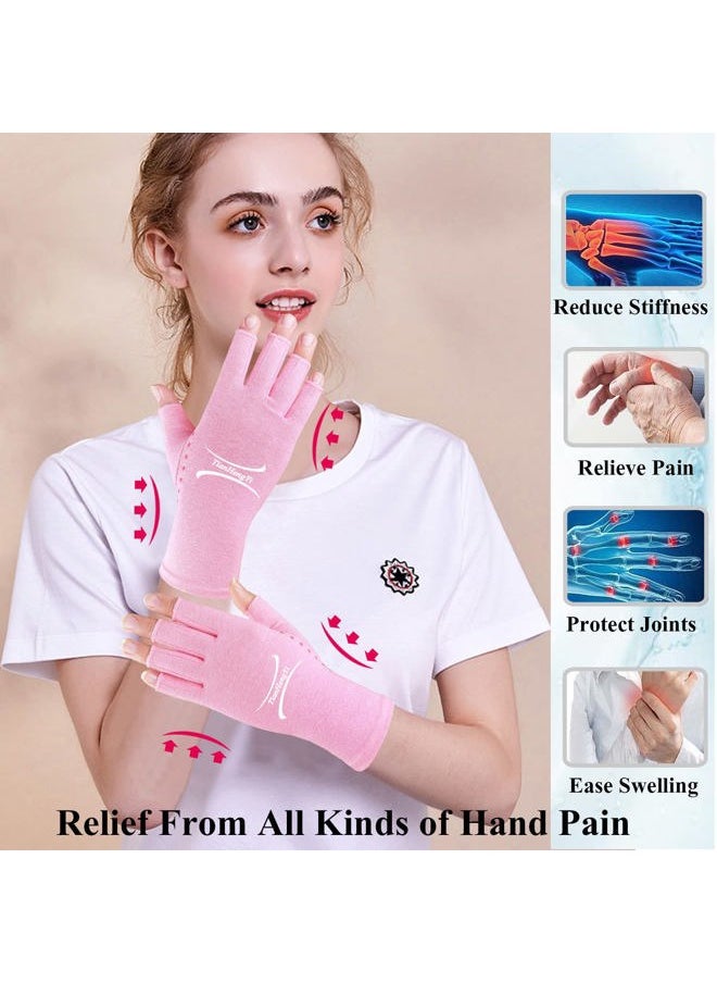 TianHengYi 2 Pairs Arthritis Gloves for Pain Relief, Compression Gloves for Arthritis, Carpal Tunnel, Osteoarthritis, Joint, Typing, Driving, Fingerless Hand Gloves for Women Men (Pink1+Pink1, Small)  - Image 5