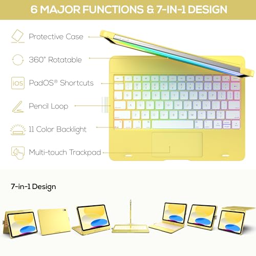 typecase Touch iPad 11th 10th Generation Case with Keyboard (11" 2025, A16 & 10.9" 2022) – 360° Rotatable, 11-Color Backlit, Multi-Touch Trackpad, Pencil Holder, Thin & Light – Yellow - Image 4