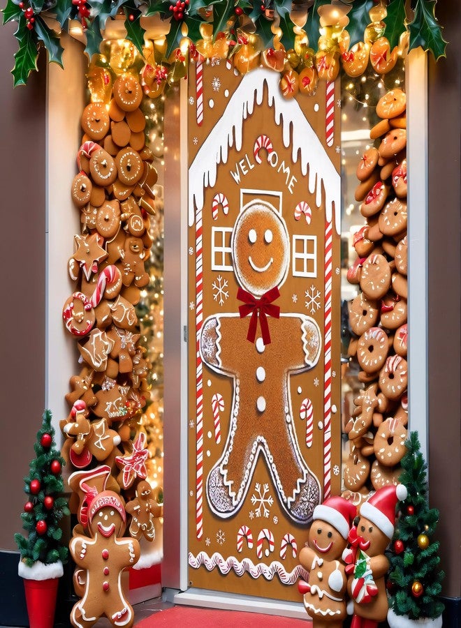 Yookeer زينة باب عيد الميلاد من يوكير، مقاس 78 × 35 بوصة، لافتة باب أمامي من خبز الزنجبيل مع فيونكة حبل، خلفية رجل خبز الزنجبيل، غطاء معلق لعيد الميلاد، خلفية تصوير فوتوغرافي لتزيين عطلة الشتاء - Image 4