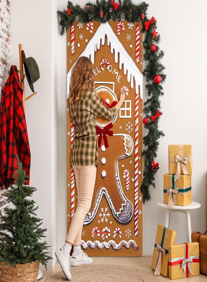Yookeer زينة باب عيد الميلاد من يوكير، مقاس 78 × 35 بوصة، لافتة باب أمامي من خبز الزنجبيل مع فيونكة حبل، خلفية رجل خبز الزنجبيل، غطاء معلق لعيد الميلاد، خلفية تصوير فوتوغرافي لتزيين عطلة الشتاء - Image 2