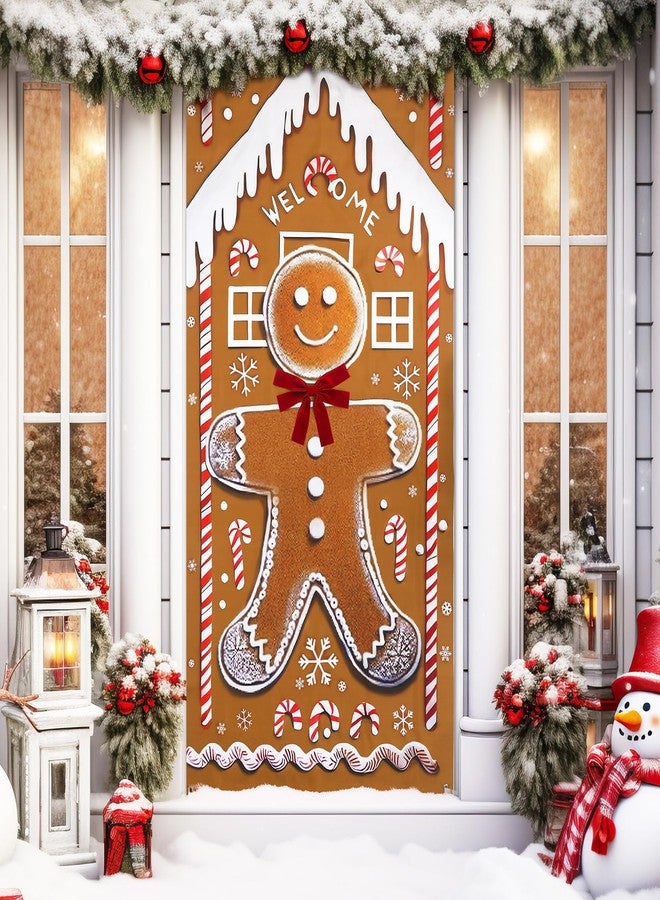 Yookeer زينة باب عيد الميلاد من يوكير، مقاس 78 × 35 بوصة، لافتة باب أمامي من خبز الزنجبيل مع فيونكة حبل، خلفية رجل خبز الزنجبيل، غطاء معلق لعيد الميلاد، خلفية تصوير فوتوغرافي لتزيين عطلة الشتاء - Image 1