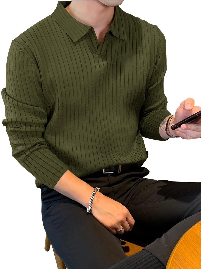 Noble Monk Relax Fit |Textured| Lycra | Polo Neck T-Shirt Olive Green - Image 3