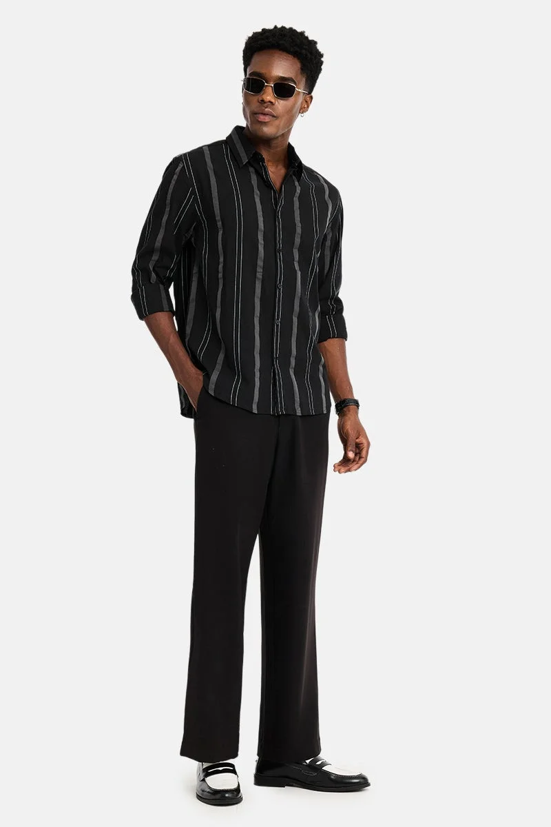 SNITCH Black Striped Long Sleeve Regular Fit Casual Shirt