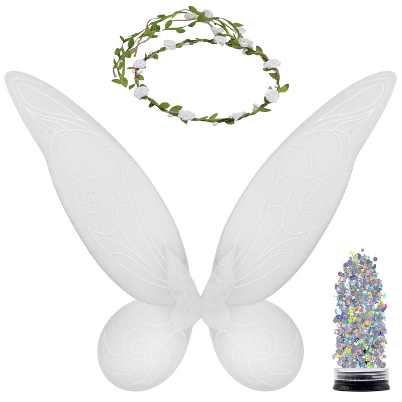 Funcredible White Fairy Wings, Fairy Crown and Glitter - Fairy Costume Accessories - Butterfly Costume for Women and Girls - Party Costumes for Women - Image 1