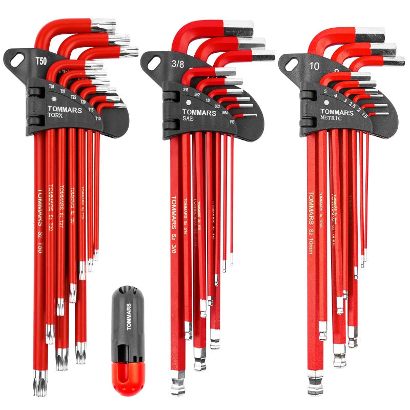 TOMMARS Hex Key Set Magnetic Ball End S2 Steel With T-Handle Hex Key Allen Wrench Set SAE(1/16"-3/8") Metric(1.5mm-10mm) TORX(T10-T50) - Image 1