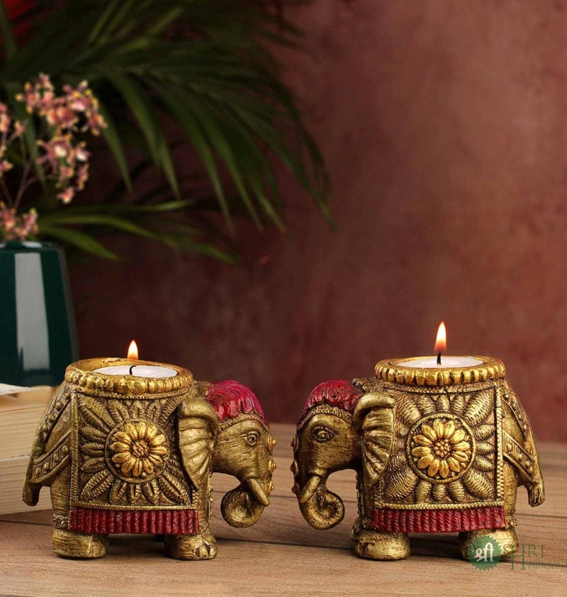 INDICAST Resin Elephant Candle for Home Décor Set of 2 Handcrafted Diwali Diya Decorative Showpieces Reusable Tealight Candle Holder for Living Room Dining Area Gifts Item (Golden) - Image 1
