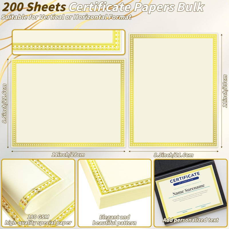 UZLU 200 Sheet Gold Foil Award Certificate Paper Bulk 8.5 x 11 In for Printing Customizable Blank Cardstock Gold Border Certificate Laser and Inkjet Printer Friendly for Graduation Diploma Achievement - Image 2