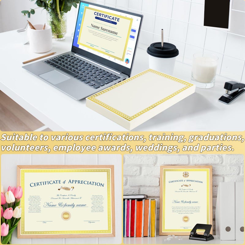 UZLU 200 Sheet Gold Foil Award Certificate Paper Bulk 8.5 x 11 In for Printing Customizable Blank Cardstock Gold Border Certificate Laser and Inkjet Printer Friendly for Graduation Diploma Achievement - Image 5